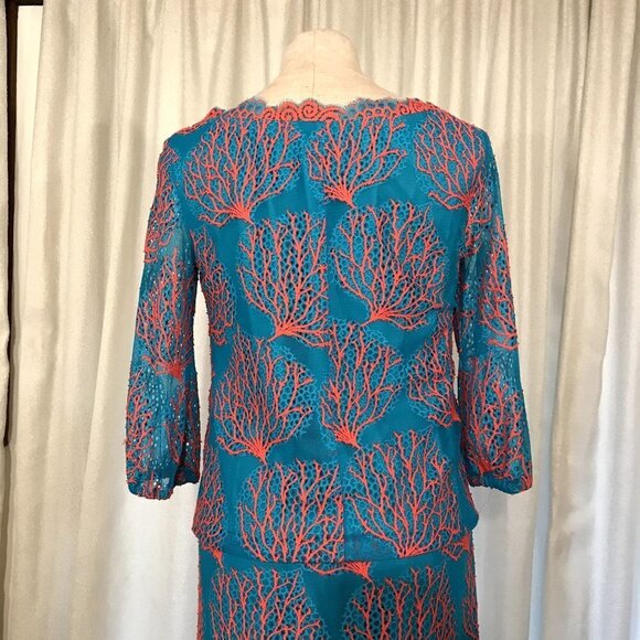 Lilly Pulitzer Cee Cee Dress Blue Snorkel Coral Mesh Lace Size 4 Drop Waist Long - Picture 11 of 15